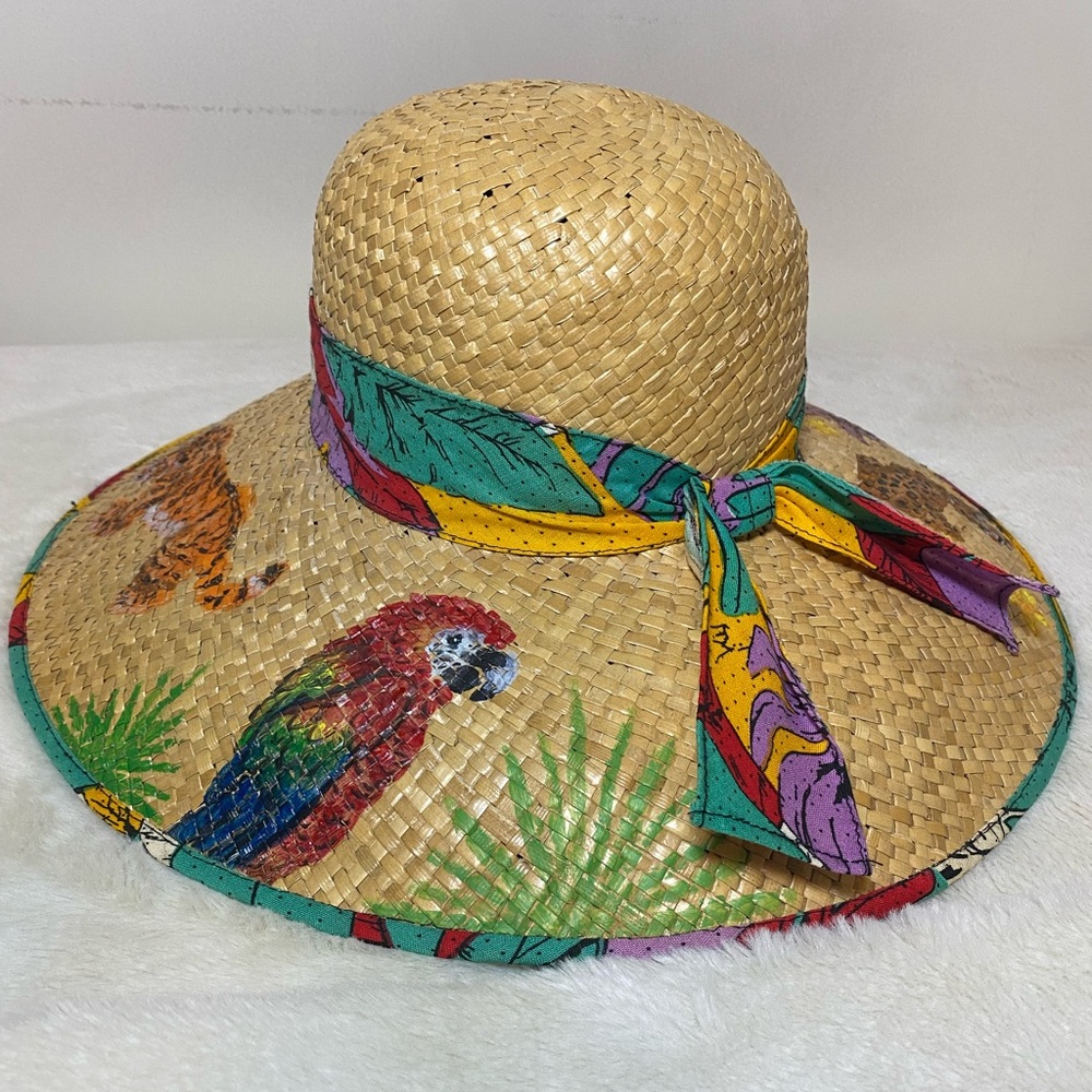 Hand-Painted Tropical Animal Straw Hat Tiger Cheetah Toucan Parrot Zebra Sloth
